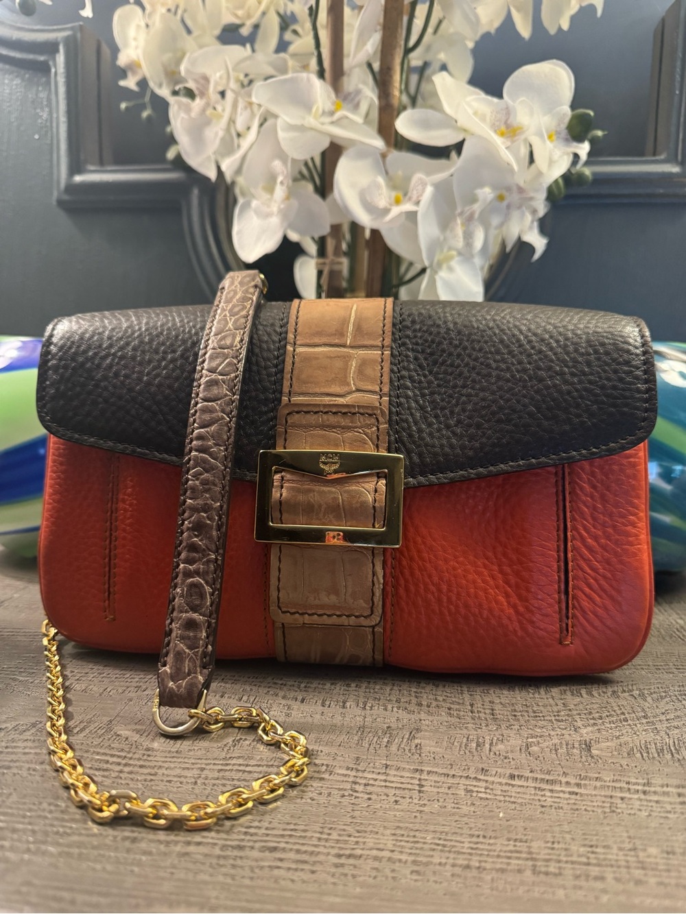 MCM Authentic Burnt Coral & Pebbled Leather Crossbody Bag with Tan Croc Center